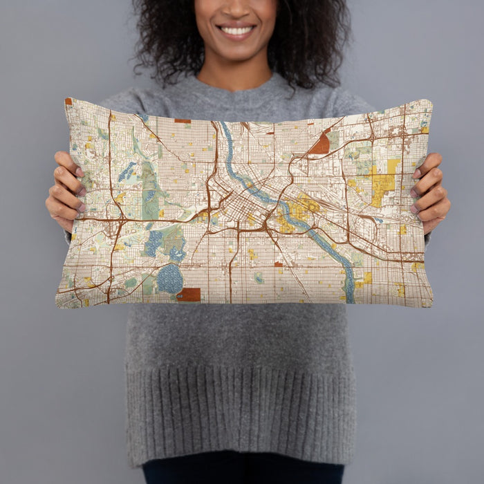 Person holding 20x12 Custom Minneapolis Minnesota Map Throw Pillow in Woodblock