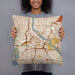 Person holding 18x18 Custom Minneapolis Minnesota Map Throw Pillow in Woodblock