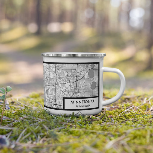 Right View Custom Minnetonka Minnesota Map Enamel Mug in Classic on Grass With Trees in Background