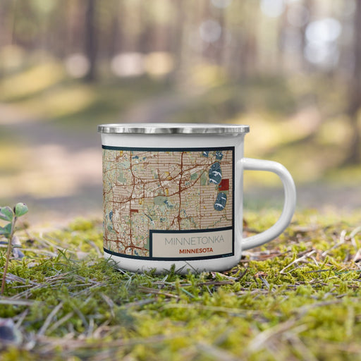 Right View Custom Minnetonka Minnesota Map Enamel Mug in Woodblock on Grass With Trees in Background