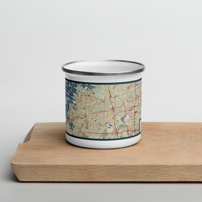 Front View Custom Minnetonka Minnesota Map Enamel Mug in Woodblock on Cutting Board