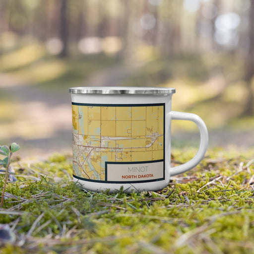Right View Custom Minot North Dakota Map Enamel Mug in Woodblock on Grass With Trees in Background