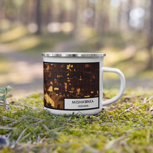 Right View Custom Mishawaka Indiana Map Enamel Mug in Ember on Grass With Trees in Background