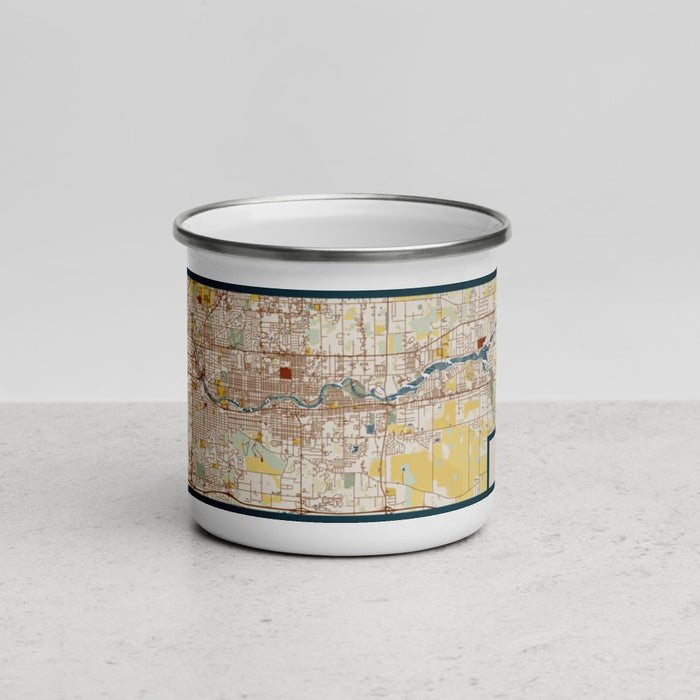 Front View Custom Mishawaka Indiana Map Enamel Mug in Woodblock