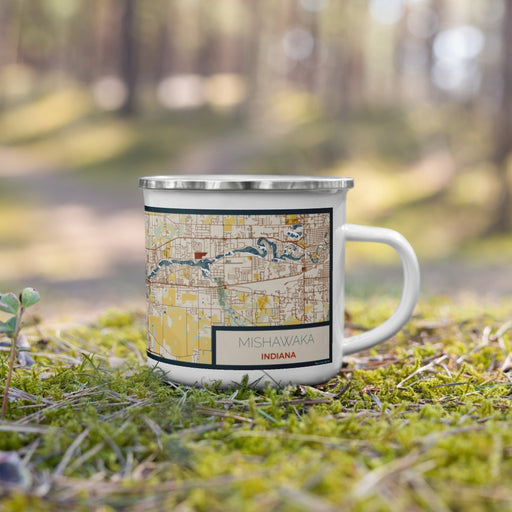 Right View Custom Mishawaka Indiana Map Enamel Mug in Woodblock on Grass With Trees in Background