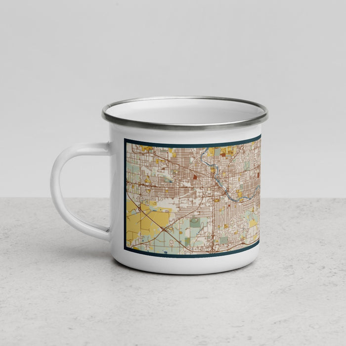 Left View Custom Mishawaka Indiana Map Enamel Mug in Woodblock