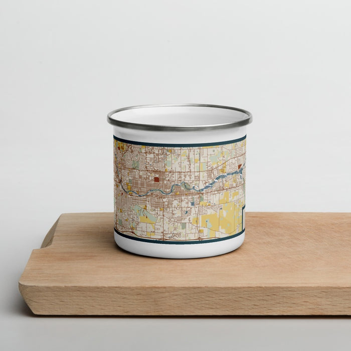 Front View Custom Mishawaka Indiana Map Enamel Mug in Woodblock on Cutting Board