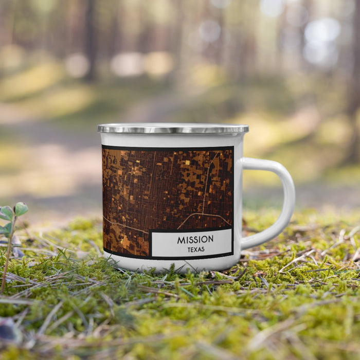 Right View Custom Mission Texas Map Enamel Mug in Ember on Grass With Trees in Background