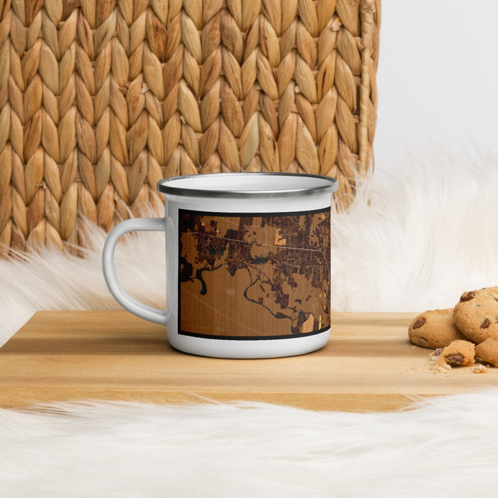 Left View Custom Mission Texas Map Enamel Mug in Ember on Table Top
