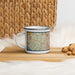 Left View Custom Mission Viejo California Map Enamel Mug in Woodblock on Table Top