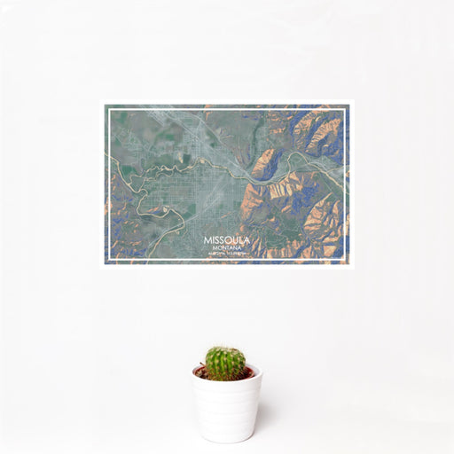 12x18 Missoula Montana Map Print Landscape Orientation in Afternoon Style With Small Cactus Plant in White Planter