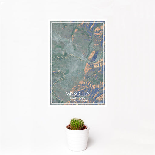 12x18 Missoula Montana Map Print Portrait Orientation in Afternoon Style With Small Cactus Plant in White Planter
