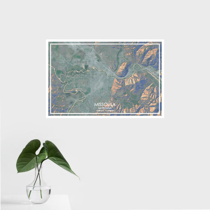 16x24 Missoula Montana Map Print Landscape Orientation in Afternoon Style With Tropical Plant Leaves in Water