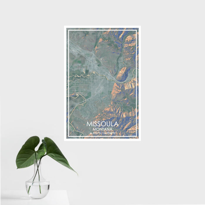 16x24 Missoula Montana Map Print Portrait Orientation in Afternoon Style With Tropical Plant Leaves in Water