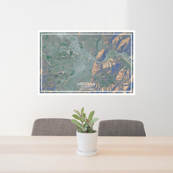 24x36 Missoula Montana Map Print Lanscape Orientation in Afternoon Style Behind 2 Chairs Table and Potted Plant