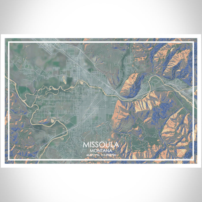 Missoula Montana Map Print Landscape Orientation in Afternoon Style With Shaded Background