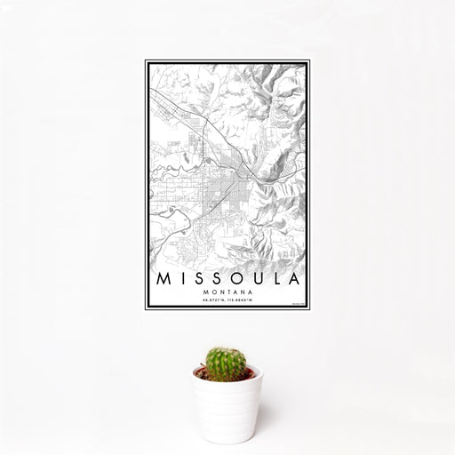 12x18 Missoula Montana Map Print Portrait Orientation in Classic Style With Small Cactus Plant in White Planter