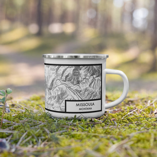 Right View Custom Missoula Montana Map Enamel Mug in Classic on Grass With Trees in Background
