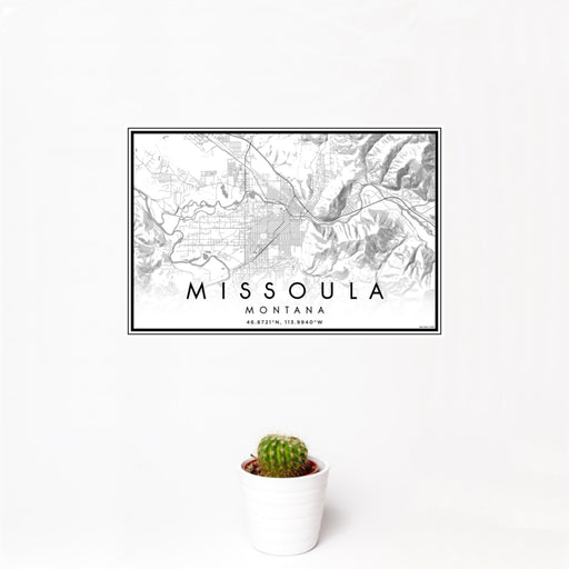 12x18 Missoula Montana Map Print Landscape Orientation in Classic Style With Small Cactus Plant in White Planter
