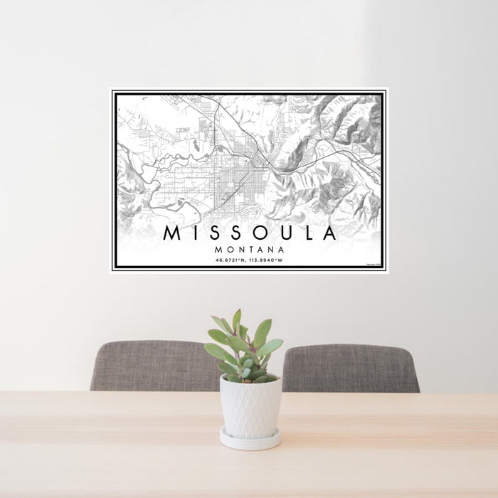 24x36 Missoula Montana Map Print Landscape Orientation in Classic Style Behind 2 Chairs Table and Potted Plant