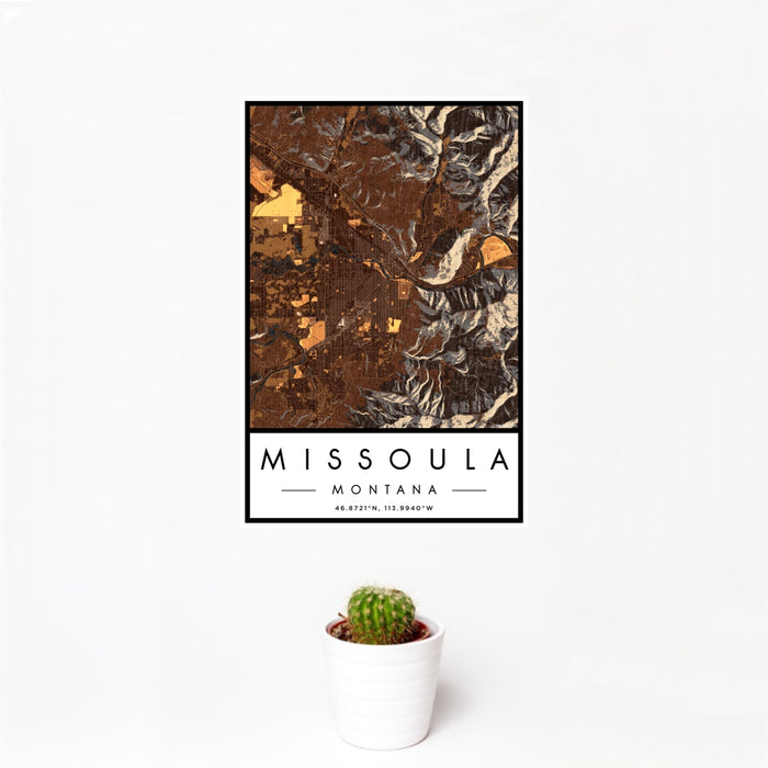 12x18 Missoula Montana Map Print Portrait Orientation in Ember Style With Small Cactus Plant in White Planter