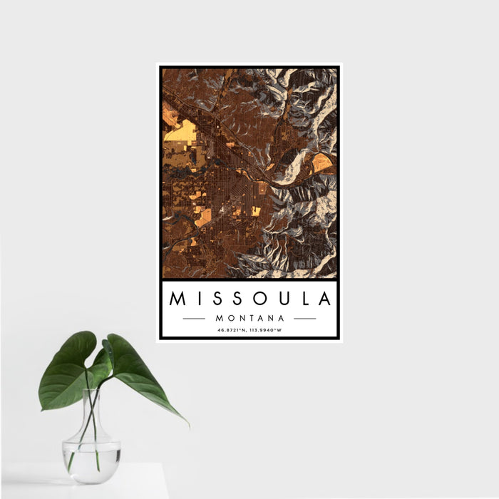 16x24 Missoula Montana Map Print Portrait Orientation in Ember Style With Tropical Plant Leaves in Water
