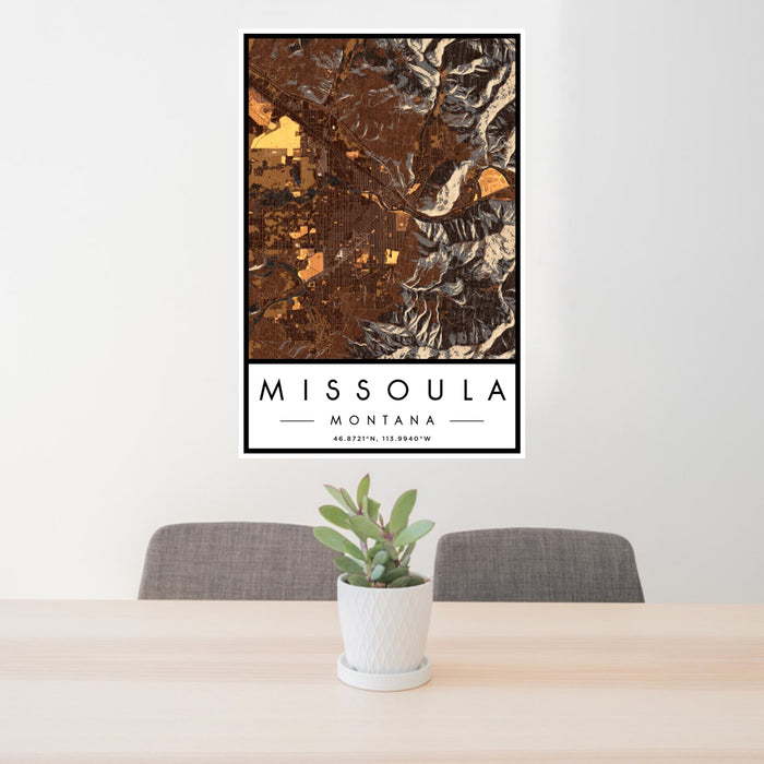 24x36 Missoula Montana Map Print Portrait Orientation in Ember Style Behind 2 Chairs Table and Potted Plant