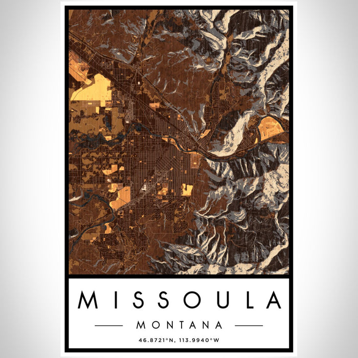 Missoula Montana Map Print Portrait Orientation in Ember Style With Shaded Background
