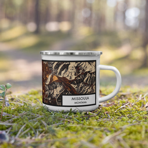 Right View Custom Missoula Montana Map Enamel Mug in Ember on Grass With Trees in Background