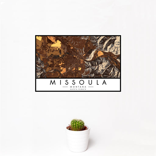 12x18 Missoula Montana Map Print Landscape Orientation in Ember Style With Small Cactus Plant in White Planter
