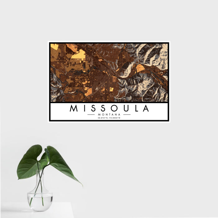 16x24 Missoula Montana Map Print Landscape Orientation in Ember Style With Tropical Plant Leaves in Water