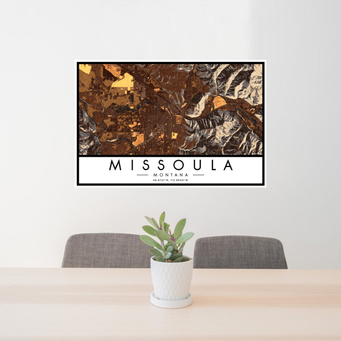 24x36 Missoula Montana Map Print Landscape Orientation in Ember Style Behind 2 Chairs Table and Potted Plant