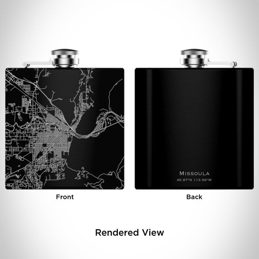 Rendered View of Missoula Montana Map Engraving on 6oz Stainless Steel Flask in Black