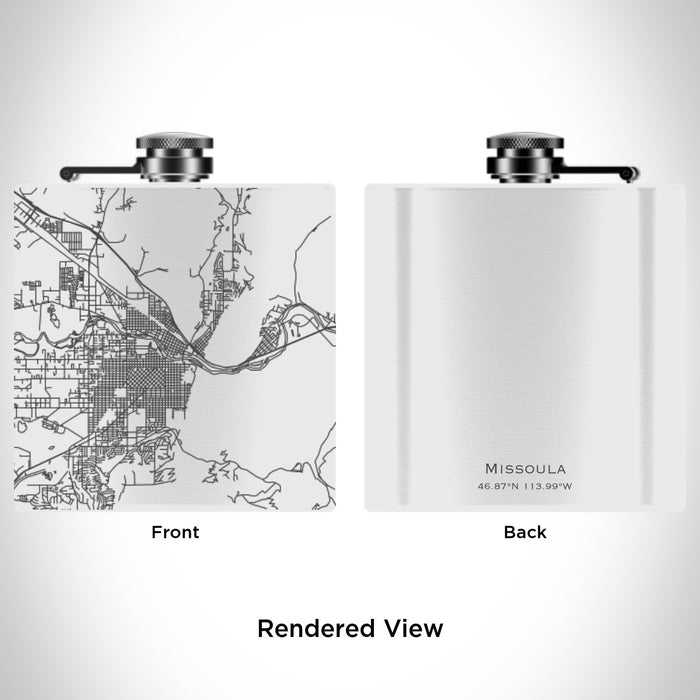 Rendered View of Missoula Montana Map Engraving on 6oz Stainless Steel Flask in White