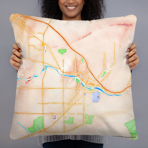 Person holding 22x22 Custom Missoula Montana Map Throw Pillow in Watercolor