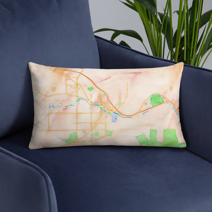 Custom Missoula Montana Map Throw Pillow in Watercolor on Blue Colored Chair