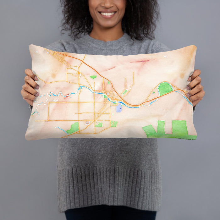 Person holding 20x12 Custom Missoula Montana Map Throw Pillow in Watercolor