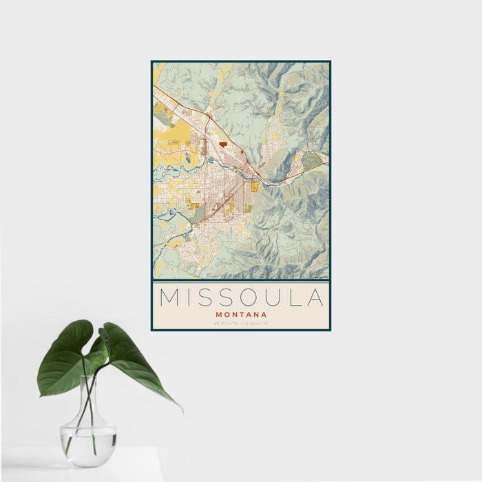 16x24 Missoula Montana Map Print Portrait Orientation in Woodblock Style With Tropical Plant Leaves in Water