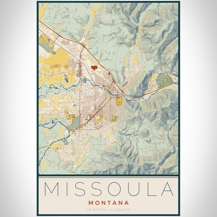 Missoula Montana Map Print Portrait Orientation in Woodblock Style With Shaded Background