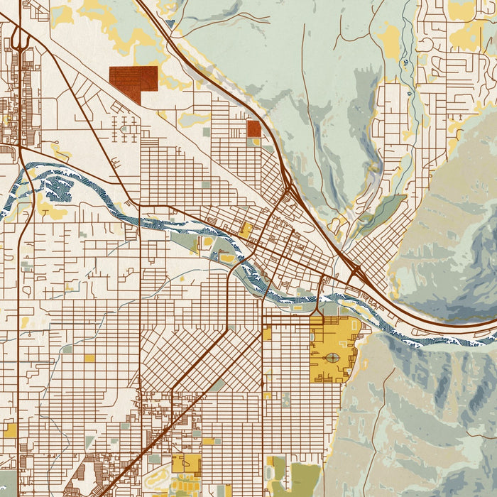 Missoula Montana Map Print in Woodblock Style Zoomed In Close Up Showing Details