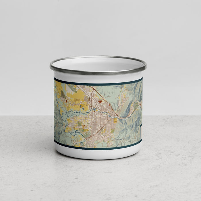 Front View Custom Missoula Montana Map Enamel Mug in Woodblock