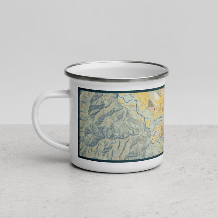 Left View Custom Missoula Montana Map Enamel Mug in Woodblock