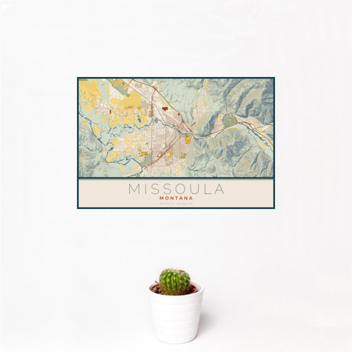 12x18 Missoula Montana Map Print Landscape Orientation in Woodblock Style With Small Cactus Plant in White Planter