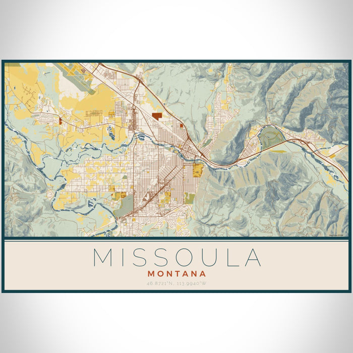 Missoula Montana Map Print Landscape Orientation in Woodblock Style With Shaded Background