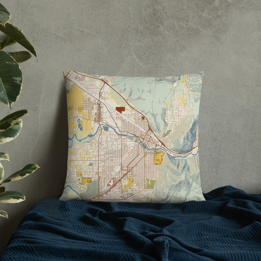 Custom Missoula Montana Map Throw Pillow in Woodblock on Bedding Against Wall
