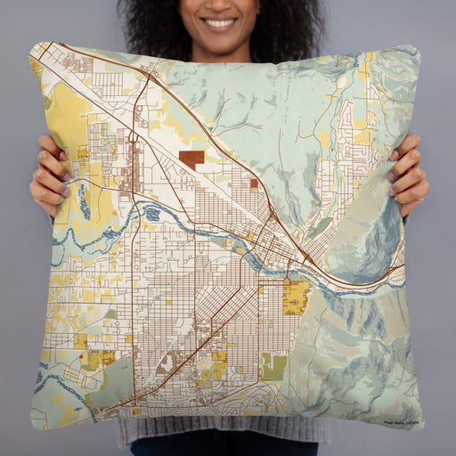 Person holding 22x22 Custom Missoula Montana Map Throw Pillow in Woodblock
