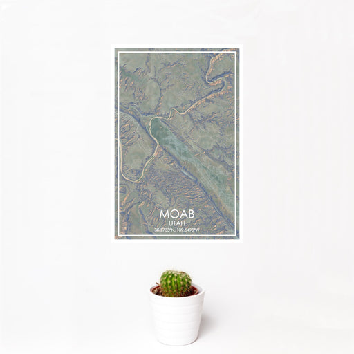 12x18 Moab Utah Map Print Portrait Orientation in Afternoon Style With Small Cactus Plant in White Planter