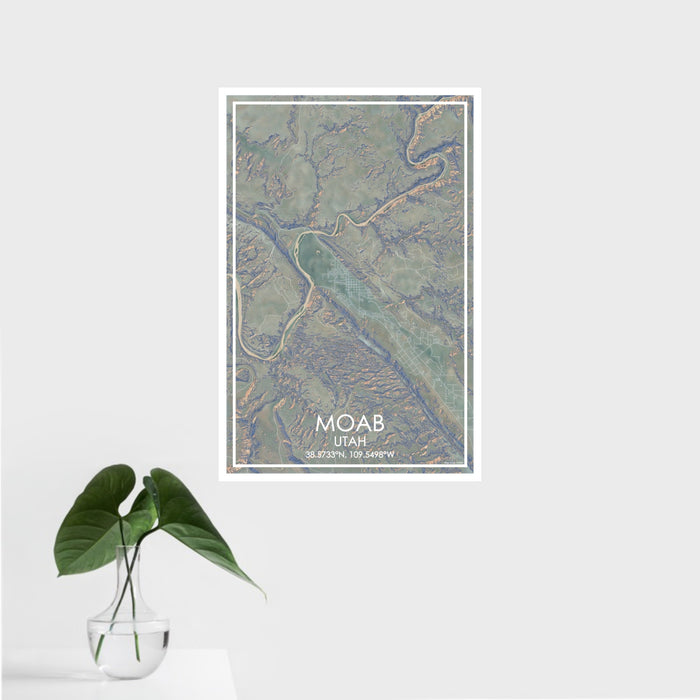 16x24 Moab Utah Map Print Portrait Orientation in Afternoon Style With Tropical Plant Leaves in Water