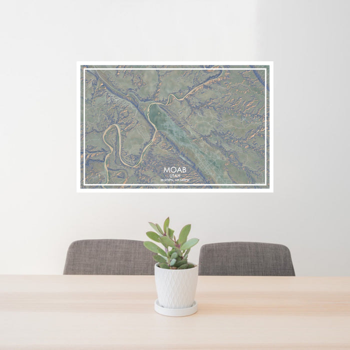 24x36 Moab Utah Map Print Lanscape Orientation in Afternoon Style Behind 2 Chairs Table and Potted Plant