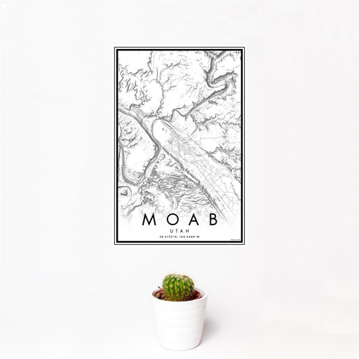 12x18 Moab Utah Map Print Portrait Orientation in Classic Style With Small Cactus Plant in White Planter